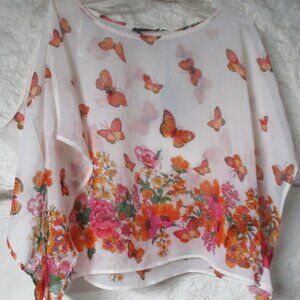 Dex Sheer Cropped Butterfly and Flowers Top w/ split sleeves Size S